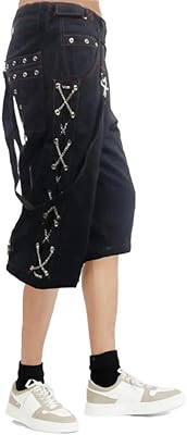 Men Black Punk Shorts Gothic Black Cotton Shorts Punk Emo Shorts Red Stitching with ZipperUSA