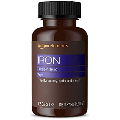 Amazon Elements Iron 18mg Capsules, Supports Red Blood Cell Production, Vegan, 195 Count, 6 month supply Packaging may vary