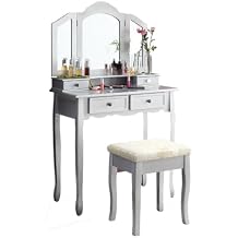 Makeup Vanity Desk with Mirror, Dressing Up Table with 4-Drawers and Cushioned Stool,Dresser Desk for Bedroom,Wood Vanity (Silver)