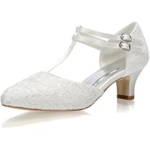 JIAJIA 00968 Women's Bridal Shoes Closed Toe T-Strap 1.9" Block Low Heel Lace Satin Pumps Wedding Shoes