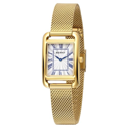 BERNY Rectangular Gold Watch for Women Classic Waterproof Ladies Wristwatch Dainty Full Stainless Steel Analog Quartz Watches Roman Numerals Mesh Band Luxury Birthday Gift