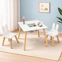 JOYMOR Kids Table and 2 Chairs Set, 3 in 1 Design for Toddler Activity, with Removable Tabletop, Storage Space and White Bunny Ear Chairs, Ideal for Craft and Playroom, Fit for Kids 2 to 5 Years Old