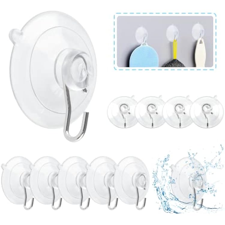 Piutouyar 12Pcs Suction Cup Hooks, 1.77 Inch Clear Suction Cup with Stainless Steel Hook Removable Heavy Duty Wall Hooks for Window Wall Bathroom Shower Kitchen Door Holds up to 4 lbs