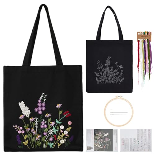 FREEBLOSS Canvas Tote Bag Embroidery Kit for Beginners Black Embroidery Tote Bag Kit Mixed Flower Tote Bag Hand Embroidery Canvas Bag Kit with Hoop and Patterns, Instructions Included