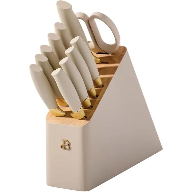 Beautiful 12-Piece Stainless Steel Knife Block Set by Drew Barrymore, Soft-Grip Ergonomic Handles, Stick-Resistant Coating Porcini