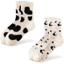 Cute Cow Print Socks for Women Fuzzy Winter Fluffy Lazy Sleeper Socks Warm Thick Cozy Trendy Christmas Gifts for Teen Girls