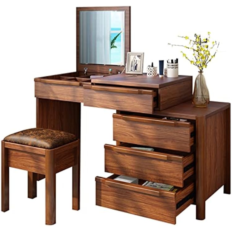 Vanity Desk Dresser Storage Cabinet Integrated Flip Desk Multifunctional Dressing Table Retractable With 4 Drawers Mirror And 6 Compartments Layered Jewelry Storage Tocadores Para HabitacionR
