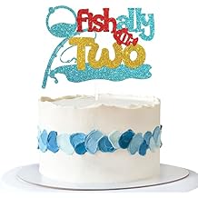 Ofishally Two Cake Topper, Happy 2nd Birthday Cake Decor for Boys Girls, Fishing Theme Second Birthday Party Decorations Supplies (Blue Glitter)