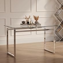 Modern Glass Dining Table for 4-6, 51" Rectangular Kitchen Dining Room Table with 0.31" Tempered Glass Tabletop and Silver Chrome Metal Legs, Writing Table Desk, for Kitchen Dining Living Room