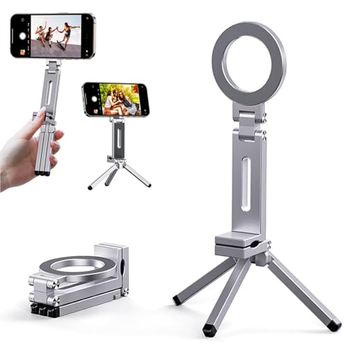 Magnetic Phone Tripod Stand for iPhone,Foldable Magnetic Stand,360Rotatable Magnetic Pocket Mini Tripod,Universal Fit with Metal Ring for Android Silver