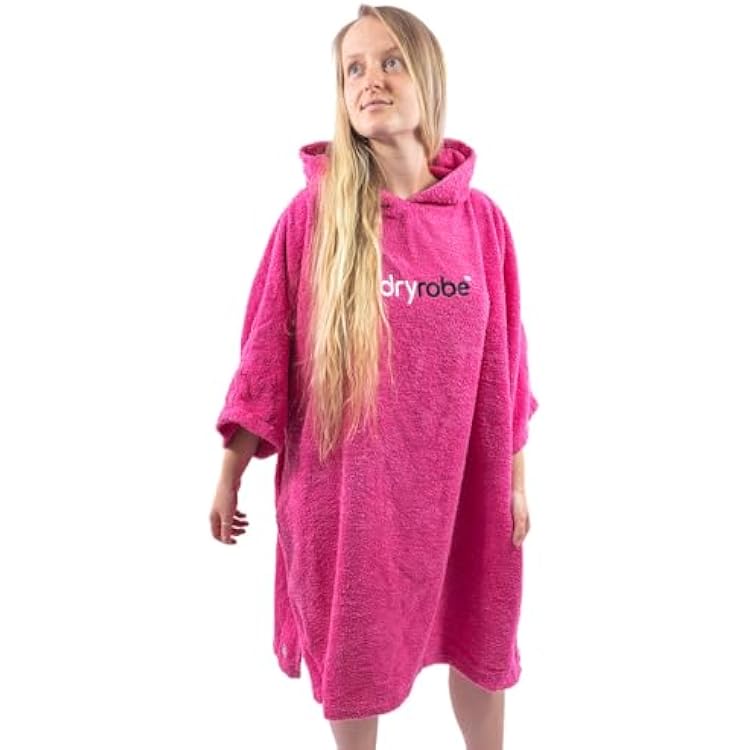 Dryrobe Towel Swim Robe - Hooded Surf Poncho Changing Robe - Organic Cotton - for Swimming, Beach, Surfing - Short Sleeve Medium - Pink