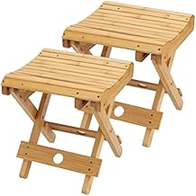 SINJEUN 2 Pack 12 Inch Natural Bamboo Folding Bench Seat Stool Bench for Bathroom, Spa, Sauna, Wooden Seat, Shower Bench Stool, Easy Assembled