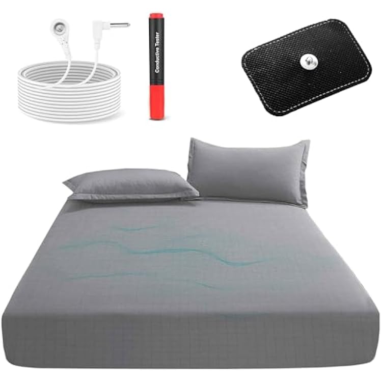 Grounding Sheets King Size, 12% Silver Fiber 88% Organic Cotton Fitted Grounded Sheet, Earthing Fitted Sheet with Ground Connection Cord for Better Sleep 71x 80x 15, Gray