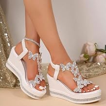Women's High Heel Wedge Sandals Platform Fashionable Butterfly Decoration Rhinestones Cute Slides Sandals Platform Elastic Strap Boho Summer Beach