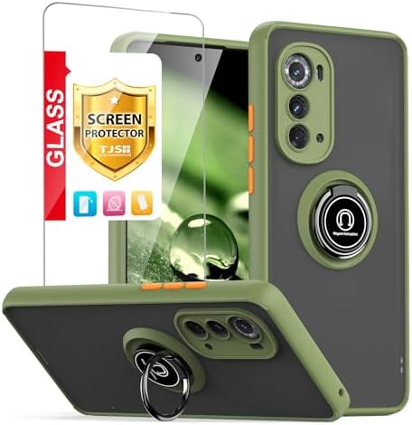 TJS Compatible for Motorola Moto Edge 2022 Case, with [Tempered Glass Screen Protector] Metal Ring Kickstand Magnetic Support Drop Protective Phone Case Green