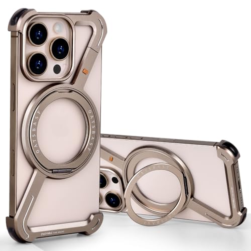 OATSBASF Minimalist Phone Case Compatible with iPhone 16 Pro 6.3, 360 Rotation Kickstand Aluminum Metal Frameless Design Bumper Z Case, Protective Shock Grade Shell, Desert Titanium