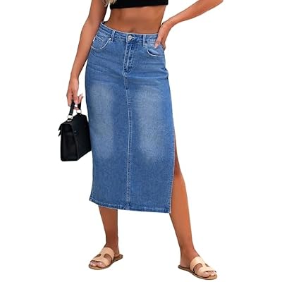 Genleck Blue Midi Jean Skirt for Women High Waist Long Denim Skirts with Slit Pockets Blue, 10