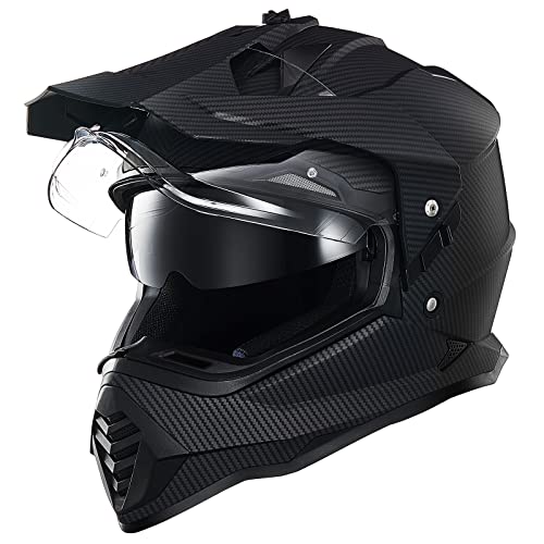 ILM Dual Sport Adventure Motorcycle Helmet with Pinlock Compatible Sun Visor Snowmobile ATV Dirt Bike Off Road Casco Model WS902 Carbon Fiber, S