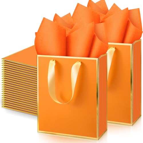 Yeaqee 50 Pack Metallic Gift Bags with Handle and Tissue Paper Gold Foil Thank You Bag for Graduation Wedding Groomsmen Bridal Baby Shower Gifts Holiday Party Favors 9x7x3.15 Orange
