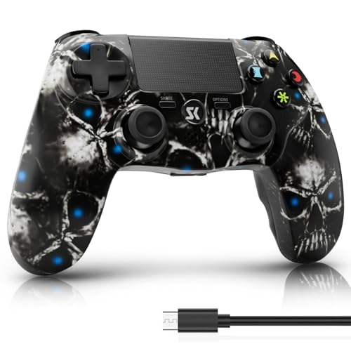 ISHAKO Controller for PS4, Wireless Controller with Double Shock6-Axis Motion SensorSpeaker & 3.5mm Audio JackTouch Pad800mAh BatteryUSB Cable, Ergonomic Grip Black Skull Design