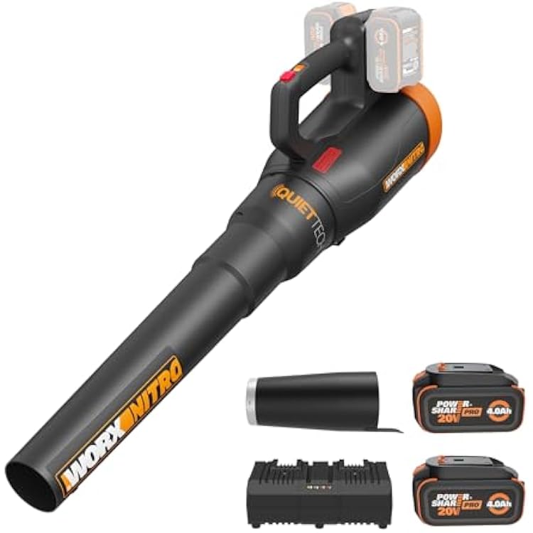 WORX Nitro Cordless Leaf Blower, Quiet Electric Blower for Lawn Care with 530 CFM & 180 MPH, 2 4.0 Ah Batteries & Charger Included, WG581.1