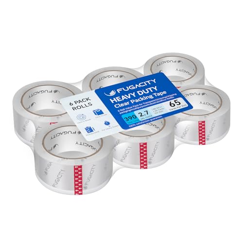 FugaCity Clear Packing Tape Refills 6 Rolls,Heavy Duty Packaging Tape for Moving Sealing, Moving Supplies Shipping Tape,2.7 Mil Thick, 2 in Wide,65 Yards Per Roll,Total 390 Yards