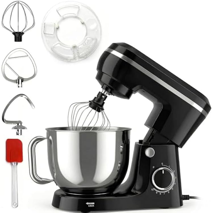 Electric Stand Mixer with 6.5QT Bowl with Handle, Kitchen Mixer with Tilting Head for Bread Dough and Cake with Dough Hook, Whisk, Splash Guard and Egg Separator Black