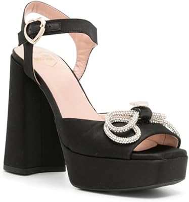 Love Moschino Womens Black Satin Rhinestone Bow Block Heel Sandals Shoes Black, US Footwear Size System, Adult, Women, Numeric, Medium, 10