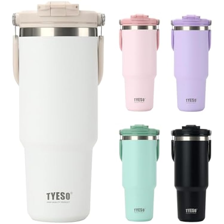 TYESO Tumbler with Flip Straw & Sip Lid, Vacuum Insulated Water Bottle, Double Wall Stainless Steel Coffee Cup Travel Mug Leak Proof WHITE, 30 OZ
