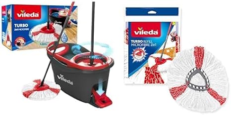 Vileda Turbo paspas komple set, teleskopik saplı yer sileceği, güçlü lifli mikrofiber paspas başlığı ve güçlü sapanlı kova, hızlı ve güçlü, sap uzunluğu 125 cm+Vileda Turbo 2in1 Yedek Paspas