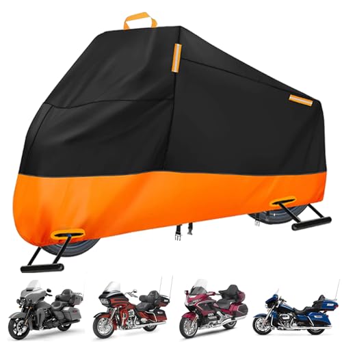 Motorcycle Cover Waterproof Outdoor, 300D Heavy Duty Motorcycle Cover for Harley Davidson Electra Glide Ultra Limited CVO Road Street Glide Gold Wing, All Seasons Protection Fits up to 116
