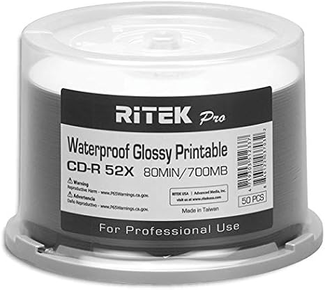 100-Pak Ritek Pro CD-R 52X 700MB 80Min Professional Grade Watershield Water Resistant Glossy White Inkjet Hub Printable Blank Recordable Disc in Cakebox (2 x 50-Pak)