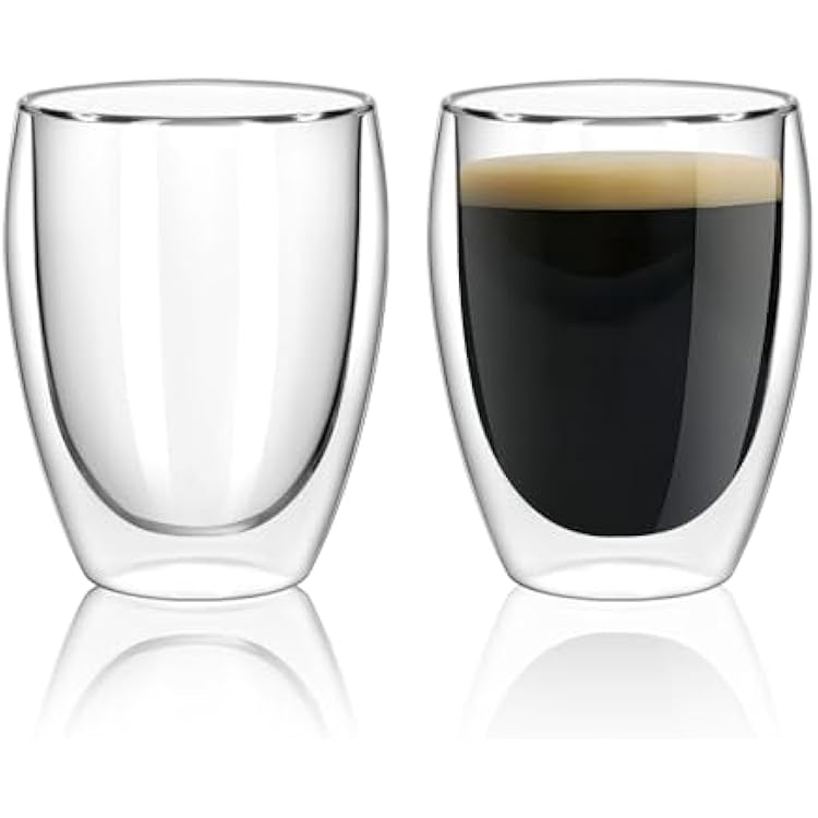 Glass Coffee Mugs Set of 2, Double Walled Clear Coffee Cups 12oz, Clear Latte Espresso Mugs for Milk Juice, Clear Glass Cappuccino Cup Glassware Gift for Christmas Birthday