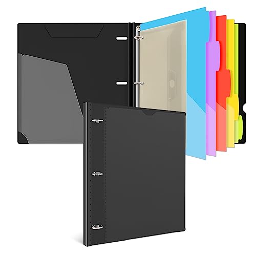 INFUN 1 Inch 3-Ring Telescoping Project Organizer Binder,13 Pocket, Customizable Front Cover, 5 Colors Pocket Divider and Plastic Binder Pocket,225 Sheet Capacity-Black