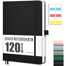 AHGXG Graph Paper Notebook - Grid Notebook Journal A5, 120 GSM Thick Graph Paper, 160 Pages, Leather Hardcover, for Graphing, Writing, Math, Engineering, 5.75'' 8.38''- Black