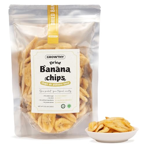 Growthy Dried Banana Chips Slices 250Grams, No Sugar Added, Crunchy Banana Snacks, Healthy banana chips For Kids And Adults, Vegan, None GMO, Low Sugar, Vitamin C,E, Keep Healthy