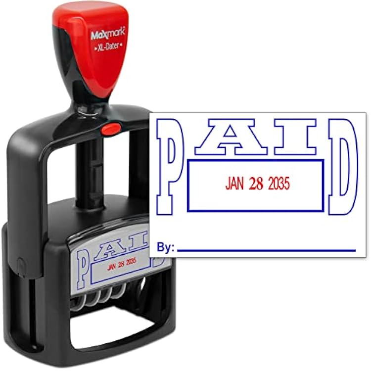 MaxMark Heavy Duty Style 5 Date Stamp with Paid self Inking Stamp - 2 Color BlueRed Ink