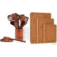 Wooden Spoons for Cooking Set of 12 with Holder, Spoon Rest, Hooks & Wood Cutting Boards Set of 3 - Durable Teak Wood Utensils for Nonstick Cookware - Sturdy Babmboo Cutting Boards with Juice Grooves