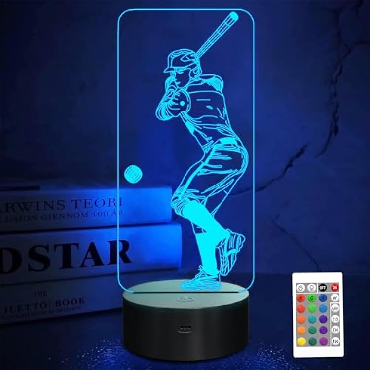 FULLOSUN Baseball 3D Night Light, Sport Gifts Bedside Lamp for Xmas Holiday Birthday Easter Gifts for Baseball Fan with Remote Control 16 Colors Changing  4 Changing Mode  Dim Function