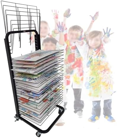 Display Racks Retail Display Grid Panel Free Standing Display Racks Mobile Storage Racks Supermarket Racks，Mobile Art Drying Rack - 20 Removable Shelves, Black Powder Coated Metal Storage Or