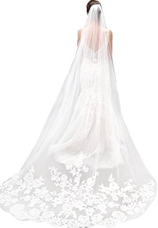 Jovono 1T Bride Wedding Veil 118' Long Cathedral Length Bridal Tulle With Combs and Lace Edge