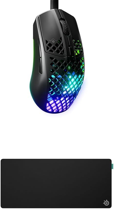 SteelSeries Aerox 3 Onyx - Holey RGB Gaming Mouse - Ultra-lightweight Water Resistant Design - 8.5K DPI TrueMove Core Optical Sensor QcK XL Performance Balance Gaming Mousepad 900x400mm
