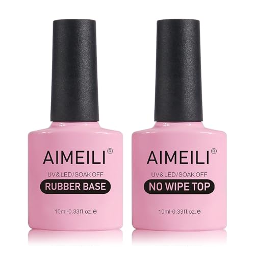 AIMEILI Hema Free Rubber Base Gel Polish and No Wipe Top Coat Kit Set Soak Off U V LED Clear Gel Nail Polish