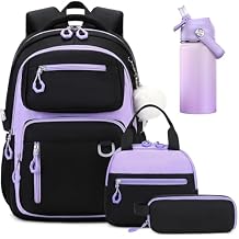 Bevalsa School Backpack for Girls, Bookpack with 14oz Insulated Water Bottle, Lunch Bag & Pen Case, Schoolbag for Kids & BPA-FREE Stainless Steel Metal Cup for Elementary Middle Student (Black Purple)