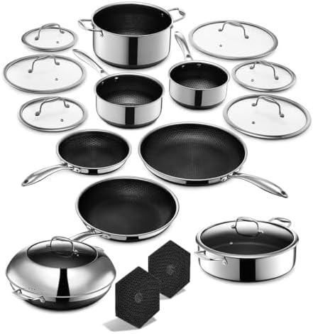 HexClad Hybrid Nonstick 18-Piece Cookware Set, 2, 3, and 8Qt Pots with Lids, 2 Silicone Trivets, 8", 10", and 12" Pans with Lids, 7Qt Chicken Fryer with Lid, and 14" Wok with Lid, Stay-Cool Handles