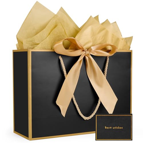 Gfractolux Large Gift Bags for Present, 1 Pcs Gift Bags for Women Men with Tissue Paper and Cards, Gift Bags for Birthdays, Baby Shower, Wedding, Anniversary 14.2 x 9.8 x 4.7 Black- Gold