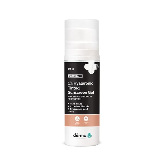 The Derma Co 1% Hyaluronic Tinted Sunscreen Gel with SPF 60 & PA++++ | Broad Spectrum Protection with Natural Tint | Suits Oily to Sensitive Skin | 1.76 Oz/50g