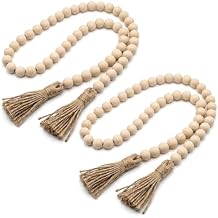 RAINFLOW Wood Bead Garland with Tassels - 2PCS Farmhouse Rustic Country Decorative Beads Home Decor, Natural Color, 50inch 14mm 84 Round,Boho,Farmhouse Beads Wall Hanging Decor