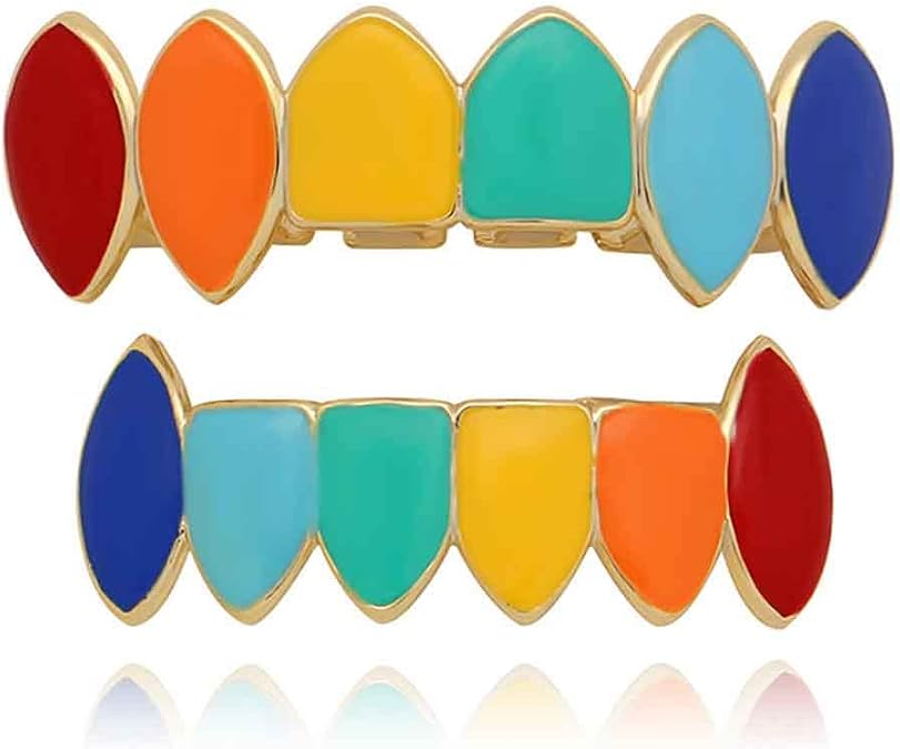 Psivika Multicolor Plated Rainbow Hip Hop Teeth Grillz Caps Iced Out CZ Vampire Fangs Grillz for Men and Women