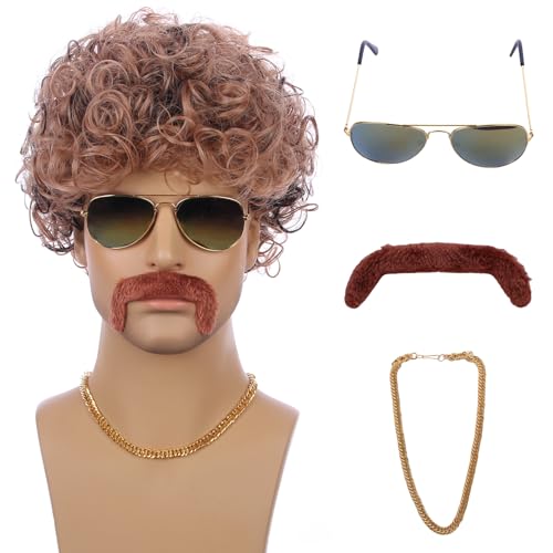 80s 70s Wig with Bangs Short Curly Wavy Afro Wigs Blonde Mixed Brown Wig Disco Cosplay Wigs with Glasses Mustache and Chain
